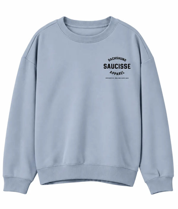 Front of Saucisse Manchester England unisex sweater in Aquamarine, with small black left-chest Dachshund Apparel logo