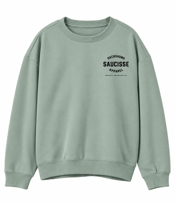 Front of Saucisse Manchester England unisex sweater in Jade Green, with small black left-chest Dachshund Apparel logo