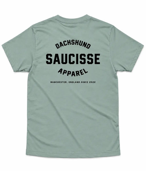 Saucisse Dachshund Apparel Manchester England unisex T-shirt in Aloe, rear view with centred back print