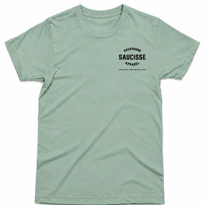 Saucisse Dachshund Apparel Manchester England unisex T-shirt in Aloe, front view with small left chest print