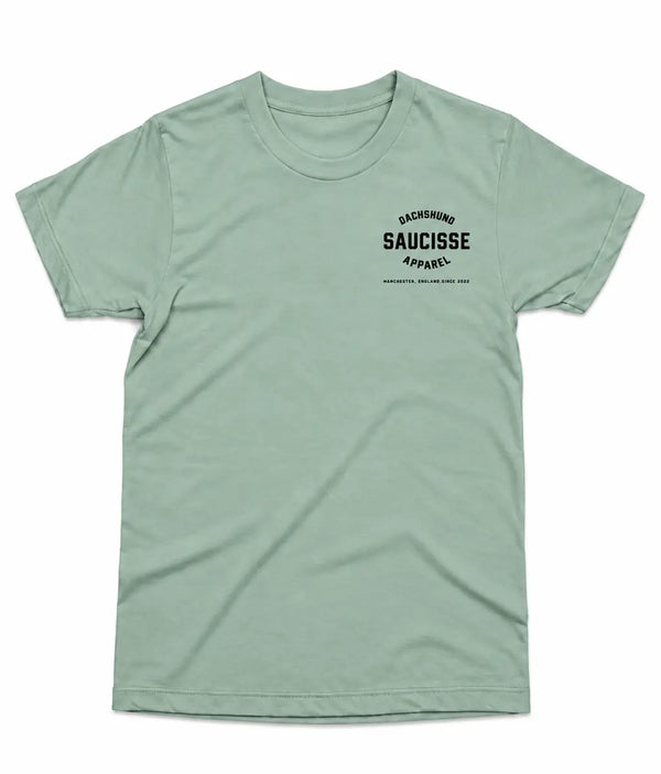 Saucisse Dachshund Apparel Manchester England unisex T-shirt in Aloe, front view with small left chest print