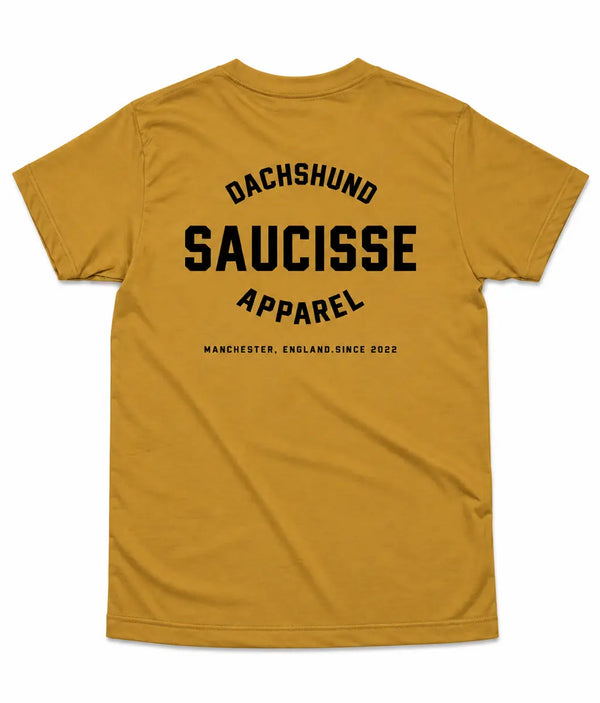 Saucisse Dachshund Apparel Manchester England unisex T-shirt in Ochre, rear view with centred back print