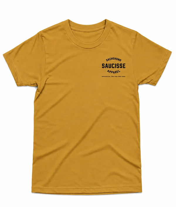 Saucisse Dachshund Apparel Manchester England unisex T-shirt in Ochre, front view with small left chest print