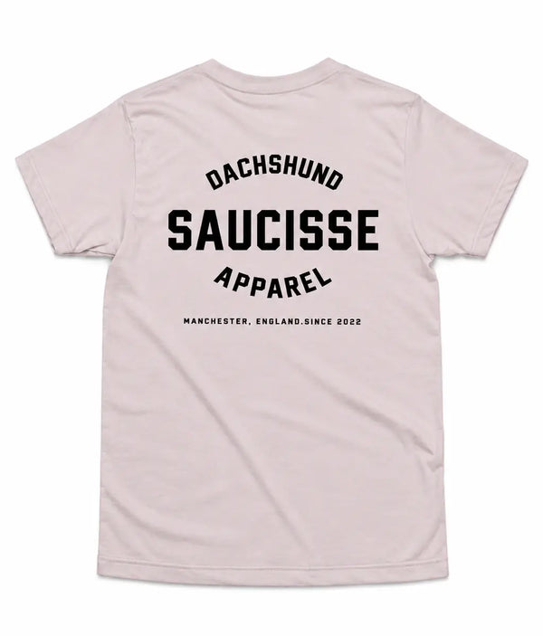 Saucisse Dachshund Apparel Manchester England unisex T-shirt in Vintage White, rear view with centred back print
