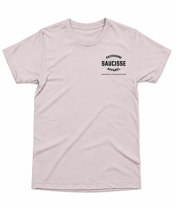 Saucisse Dachshund Apparel Manchester England unisex T-shirt in Vintage White, front view with small left chest print