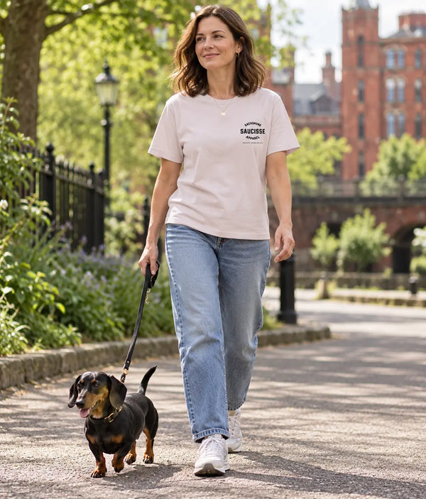 Woman walking a dachshund in the Saucisse Dachshund Apparel Manchester England T-shirt in Vintage White