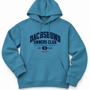 Saucisse Dachshund Owners Club 2026 unisex hoodie in Adriatic Blue, front view with navy and red varsity design.