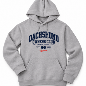 Saucisse Dachshund Owners Club 2026 unisex hoodie in Moon Grey Heather, front view with navy and red varsity design.