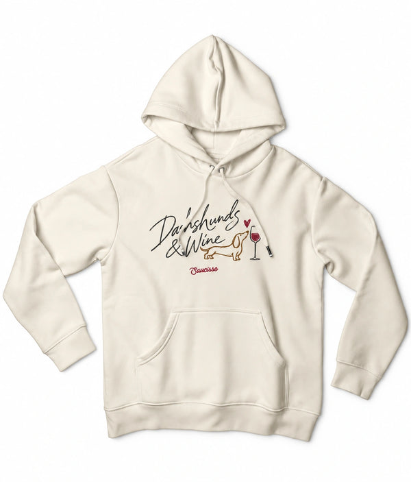 Front view of the Ivory Saucisse Dachshunds & Wine women's hoodie, with matching drawcords and a centred dachshund and wine print.