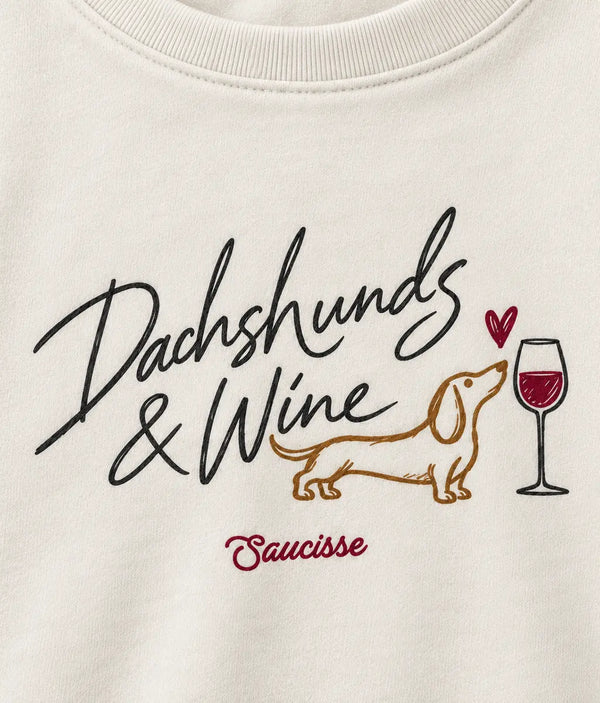 Close-up of the Dachshunds & Wine illustration and Saucisse lettering printed on the Ivory sweater.