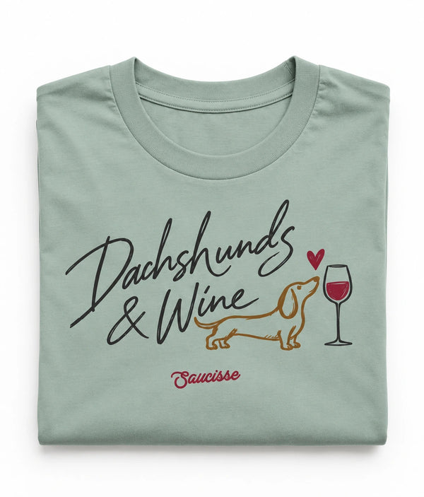 Folded Aloe Saucisse Dachshunds & Wine T-shirt showing the complete front design