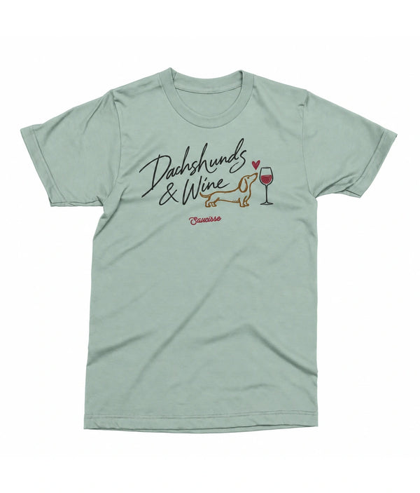 Saucisse Dachshunds & Wine women's T-shirt in Aloe, front view