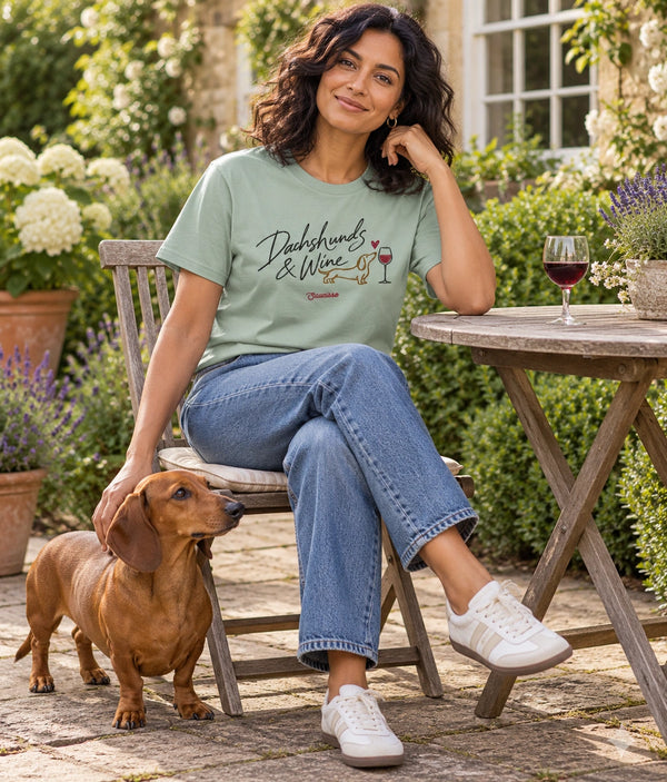 Woman wearing the Aloe Dachshunds & Wine T-shirt in a garden with a dachshund