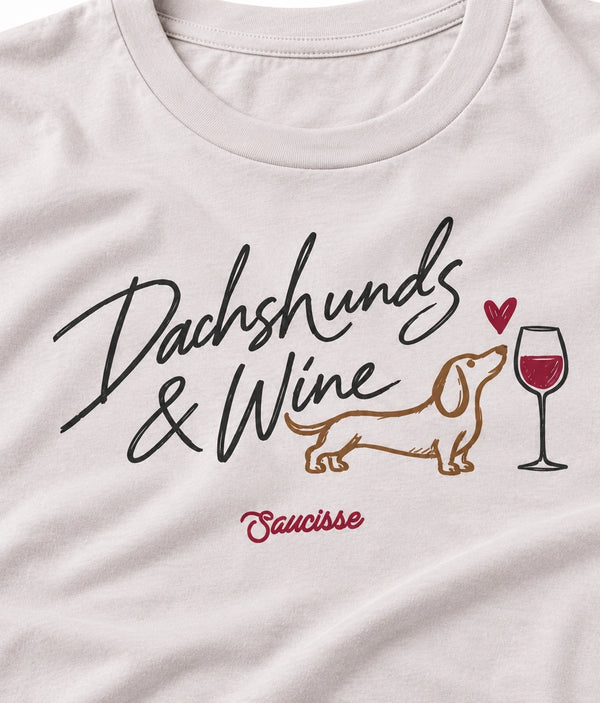 Close-up of the Dachshunds & Wine print on a Vintage White Saucisse T-shirt