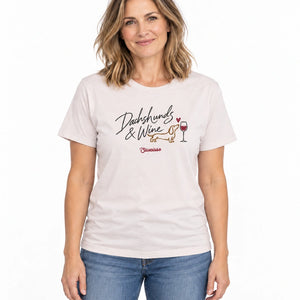 Woman wearing the Saucisse Dachshunds & Wine T-shirt in Vintage White with jeans