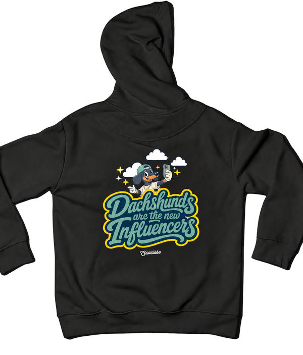 Black Saucisse Dachshunds Are the New Influencers unisex hoodie, back view with centred artwork
