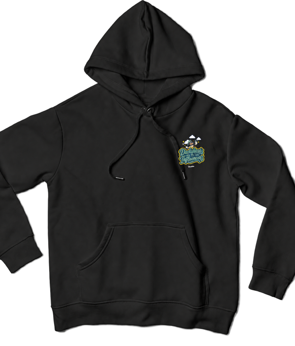Black Saucisse Dachshunds Are the New Influencers unisex hoodie, front view with smaller left-chest print