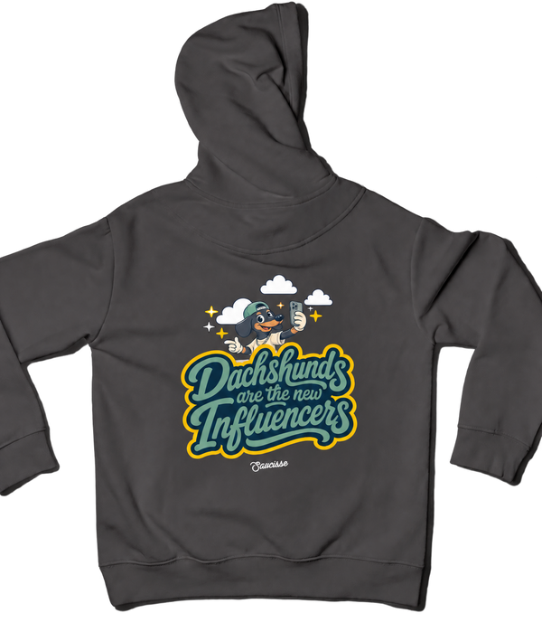 Iron Grey Saucisse Dachshunds Are the New Influencers unisex hoodie, back view with centred artwork