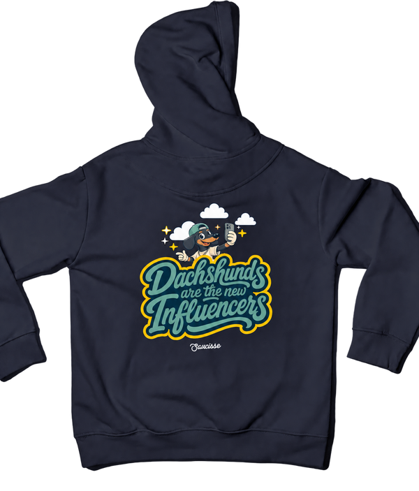 Navy Saucisse Dachshunds Are the New Influencers unisex hoodie, back view with centred artwork