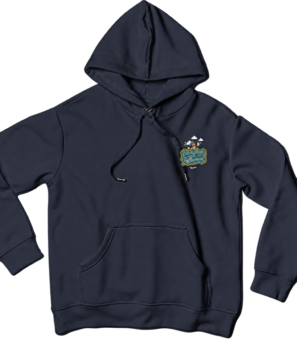 Navy Saucisse Dachshunds Are the New Influencers unisex hoodie, front view with smaller left-chest print