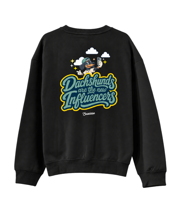 Black Saucisse Dachshunds Are the New Influencers unisex sweater, back view with centred artwork