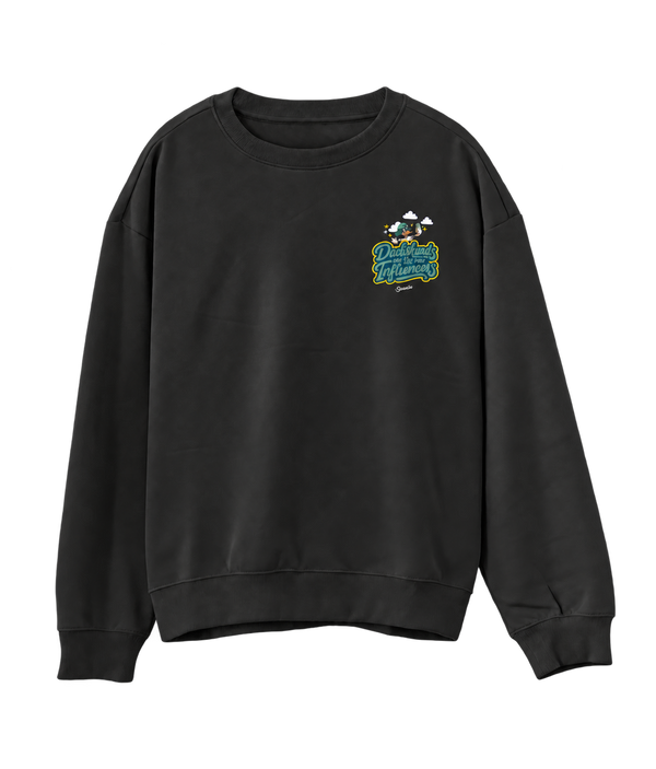 Black Saucisse Dachshunds Are the New Influencers unisex sweater, front view with smaller left-chest print