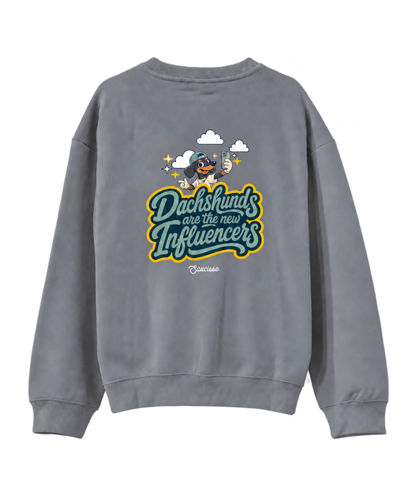Mineral Grey Saucisse Dachshunds Are the New Influencers unisex sweater, back view with centred artwork