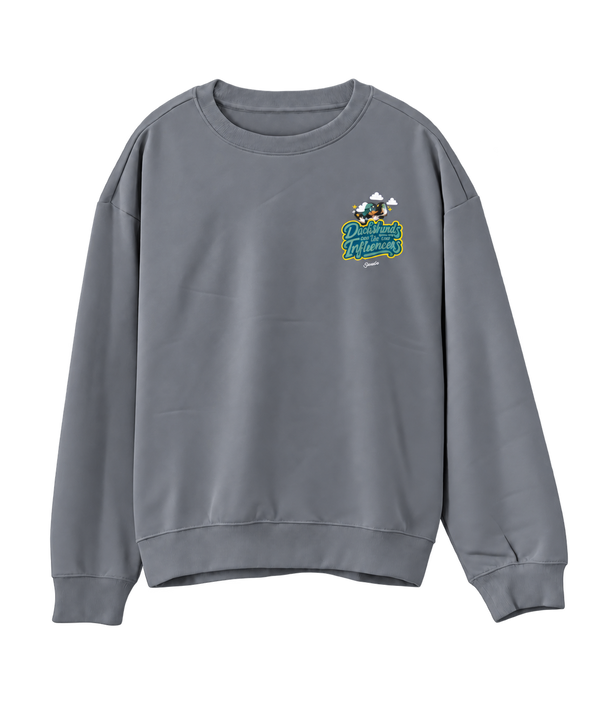 Mineral Grey Saucisse Dachshunds Are the New Influencers unisex sweater, front view with smaller left-chest print