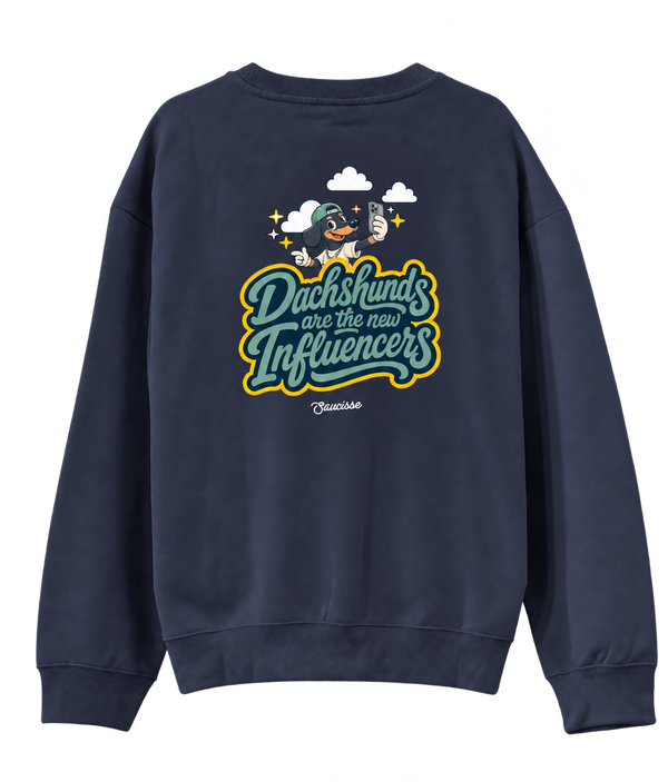 Navy Saucisse Dachshunds Are the New Influencers unisex sweater, back view with centred artwork
