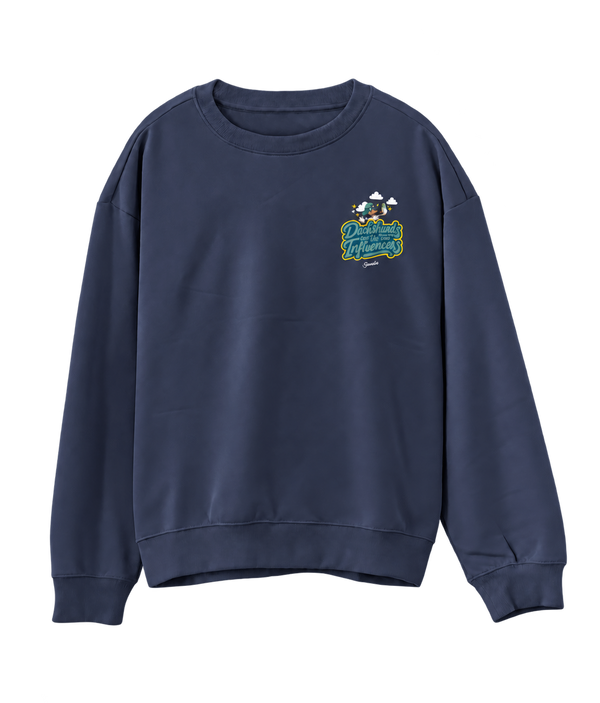 Navy Saucisse Dachshunds Are the New Influencers unisex sweater, front view with smaller left-chest print