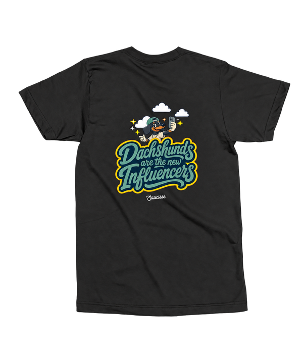 Rear view of the Saucisse Dachshunds Are the New Influencers unisex T-shirt in Black with the smaller centred back print