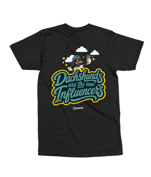 Black Saucisse Dachshunds Are the New Influencers unisex T-shirt, back view with large back print