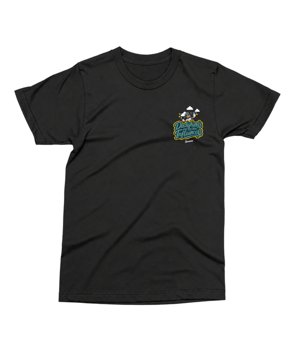 Black Saucisse Dachshunds Are the New Influencers unisex T-shirt, front view with smaller left-chest print