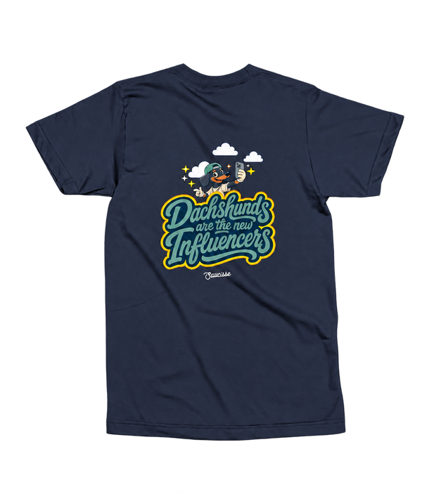 Rear view of the Saucisse Dachshunds Are the New Influencers unisex T-shirt in French Navy with the smaller centred back print