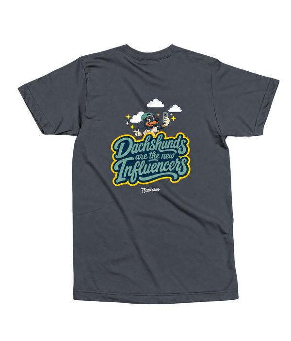 Rear view of the Saucisse Dachshunds Are the New Influencers unisex T-shirt in India Ink Grey with the smaller centred back print