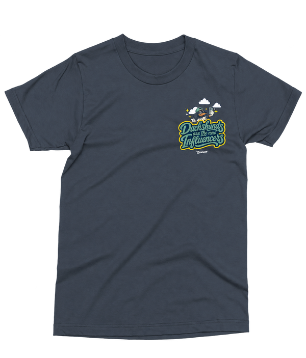 India Ink Grey Saucisse Dachshunds Are the New Influencers unisex T-shirt, front view with small left-chest print