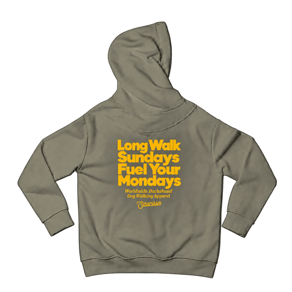 Back of the Saucisse Long Walk Sundays, Fuel Your Mondays unisex hoodie in Almond Green with the yellow design.