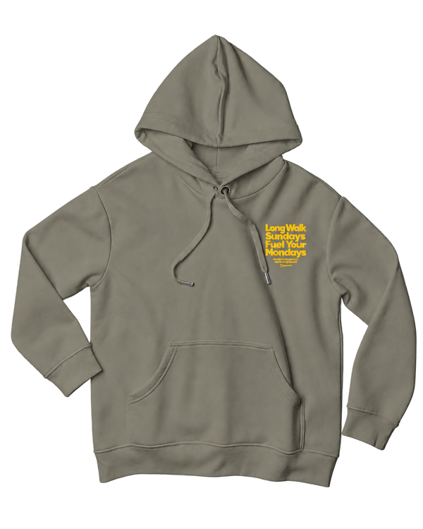 Front of the Saucisse Long Walk Sundays hoodie in Almond Green with a small yellow chest print