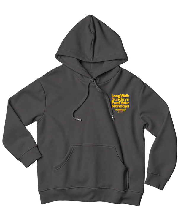 Front of the Saucisse Long Walk Sundays hoodie in Iron Grey with a small yellow chest print