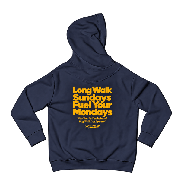 Back of the Saucisse Long Walk Sundays, Fuel Your Mondays unisex hoodie in Navy with the yellow design.
