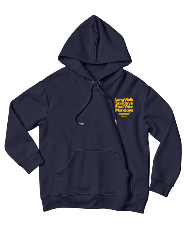 Front of the Saucisse Long Walk Sundays hoodie in Navy with a small yellow chest print