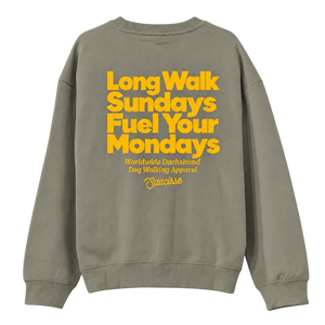 Saucisse Long Walk Sundays unisex sweater in Almond Green, rear view with the centred yellow Long Walk Sundays Fuel Your Mondays artwork