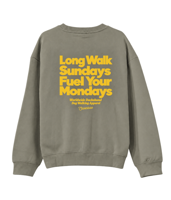 Saucisse Long Walk Sundays unisex sweater in Almond Green, rear view with the centred yellow Long Walk Sundays Fuel Your Mondays artwork