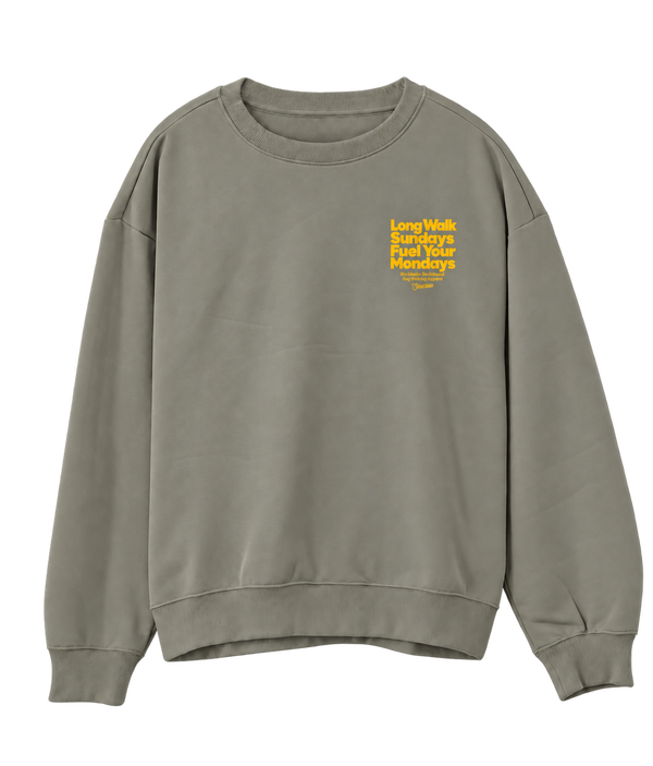 Saucisse Long Walk Sundays unisex sweater in Almond Green, front view with a small yellow left-chest print