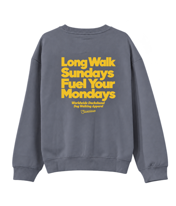 Saucisse Long Walk Sundays unisex sweater in Mineral Grey, rear view with the centred yellow Long Walk Sundays Fuel Your Mondays artwork
