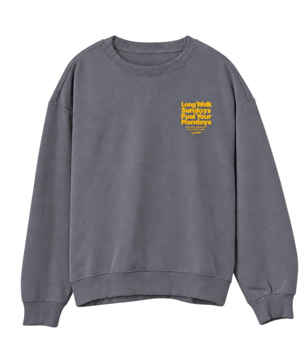 Saucisse Long Walk Sundays unisex sweater in Mineral Grey, front view with a small yellow left-chest print
