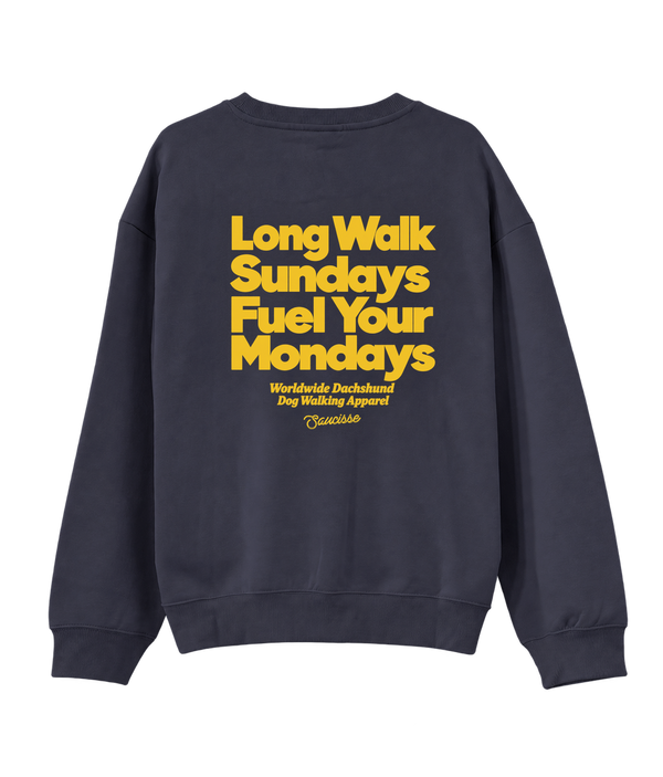 Saucisse Long Walk Sundays unisex sweater in Navy, rear view with the centred yellow Long Walk Sundays Fuel Your Mondays artwork