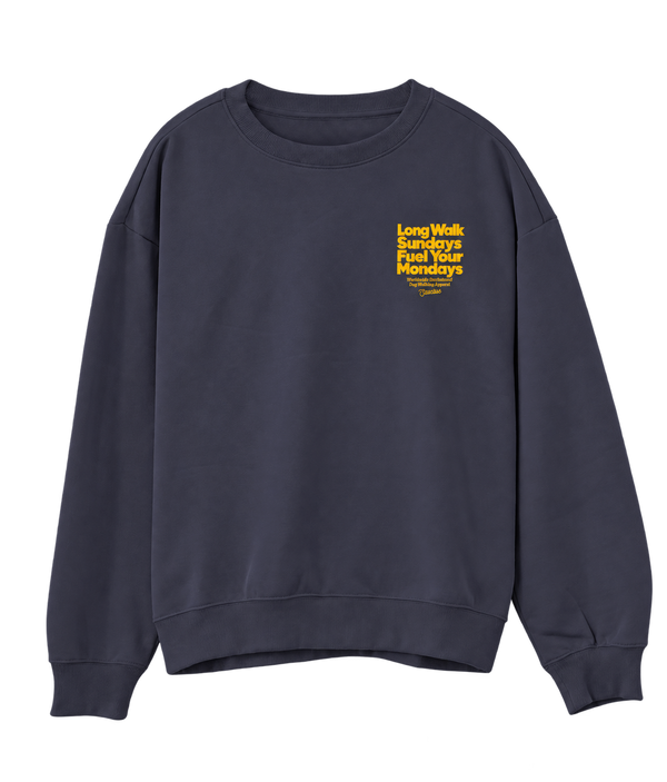 Saucisse Long Walk Sundays unisex sweater in Navy, front view with a small yellow left-chest print
