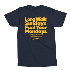 Saucisse Long Walk Sundays unisex T-shirt in French Navy, rear view with the centred yellow Long Walk Sundays Fuel Your Mondays artwork