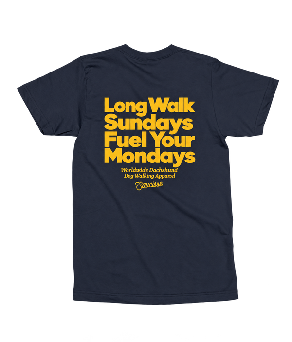 Saucisse Long Walk Sundays unisex T-shirt in French Navy, rear view with the centred yellow Long Walk Sundays Fuel Your Mondays artwork